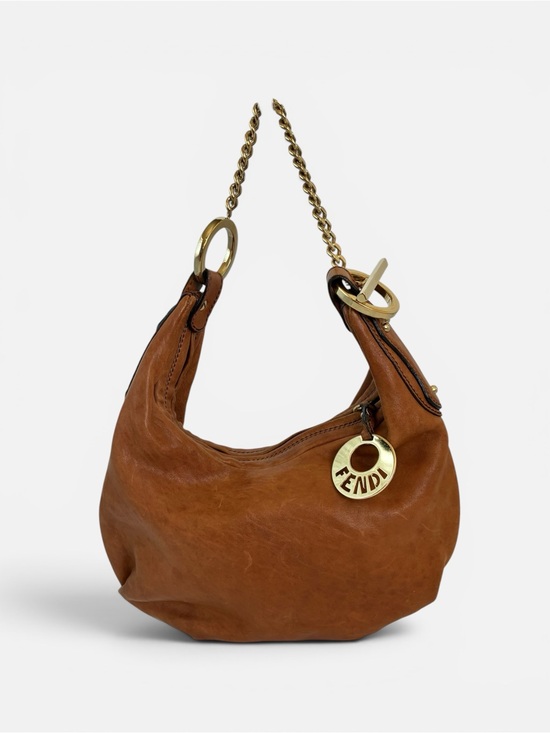 Fendi Handbags - Fendi Tan Leather Shoulder Hobo with Gold Chain Accent